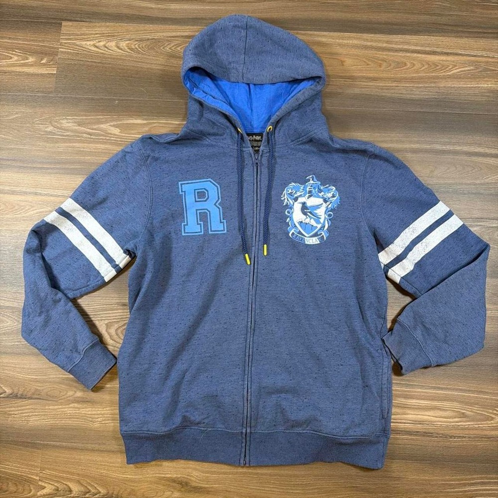 Harry Potter Ravenclaw zip up hoodie with blue and white stripes on sleeves